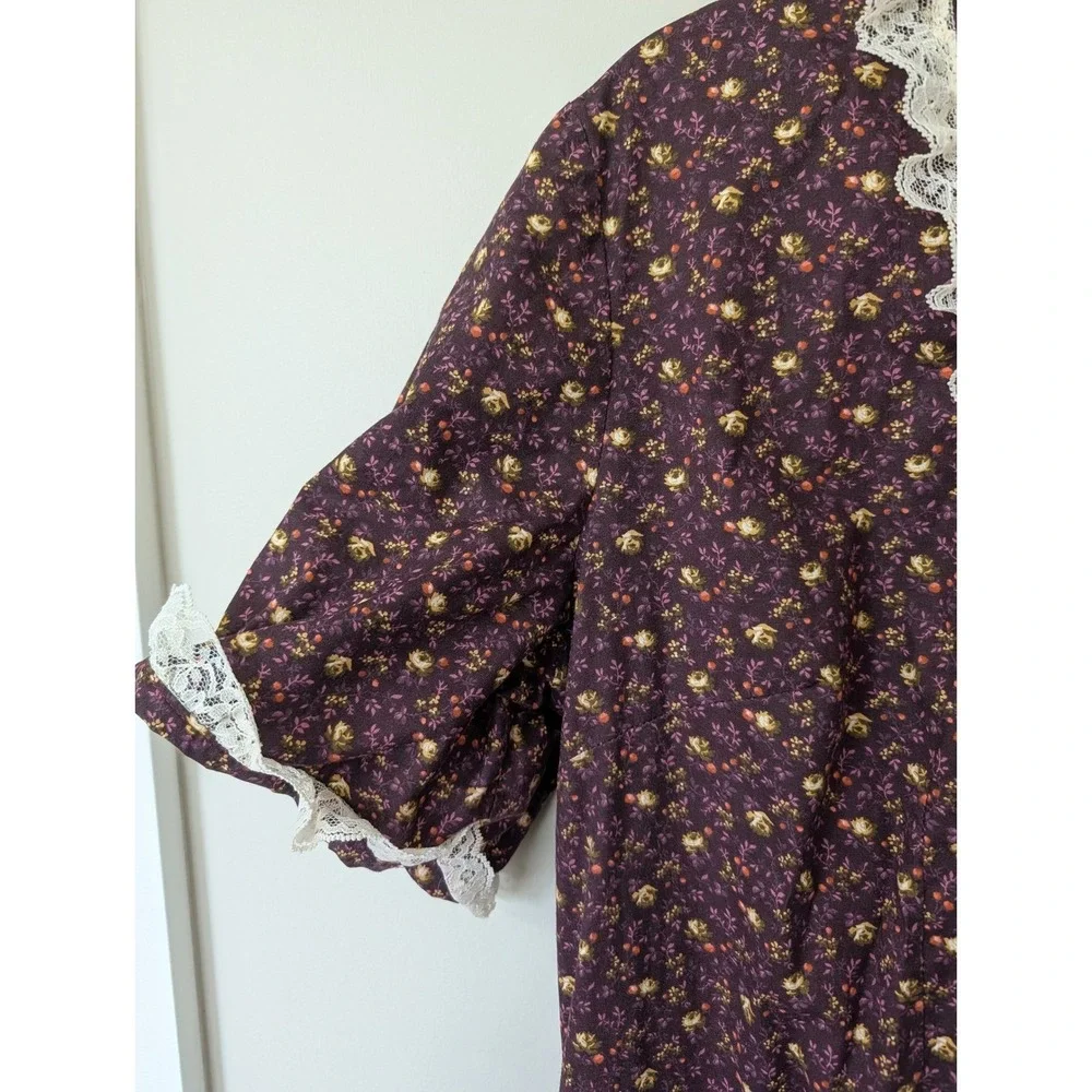 Vintage Plum Floral Calico Prairie Midi Dress Lace Trim Cottagecore XL Handmade - Picture 6 of 14